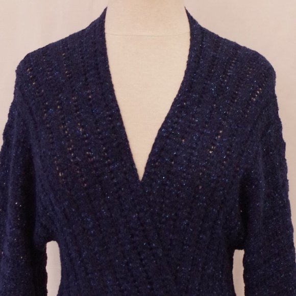 Bebe "Caspian Blue" Metallic Knit Faux Wrap Sweater- Sz. Sm - Picture 3 of 8